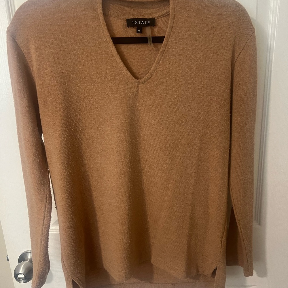 STATE Tan V-Neck Sweater Classic Knit